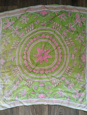 Vintage Vera Neumann Green and Pink Floral Silk Scarf.